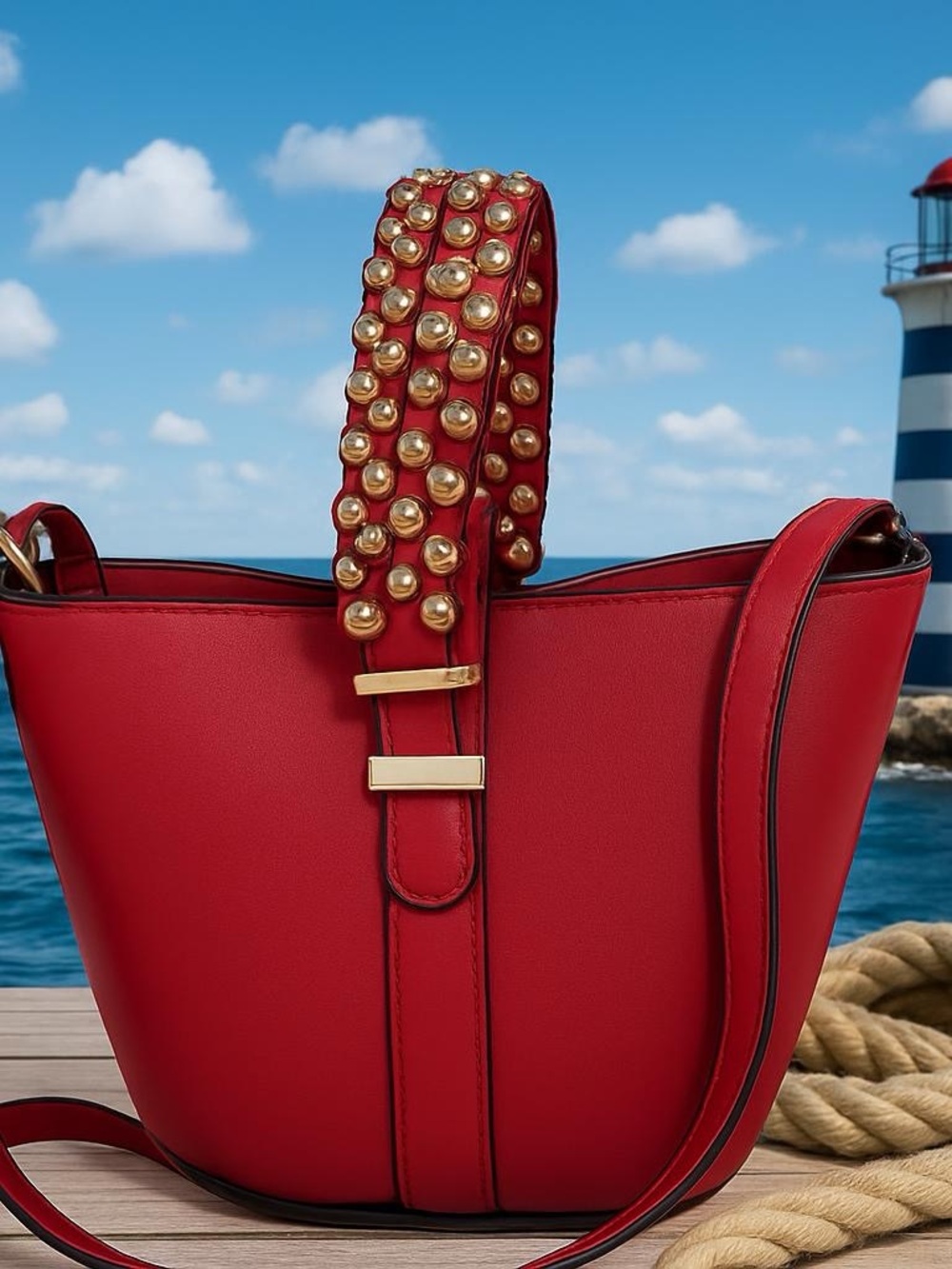 Henri Bendel Red Leather Studded Strap Bucket Shoulder Bag